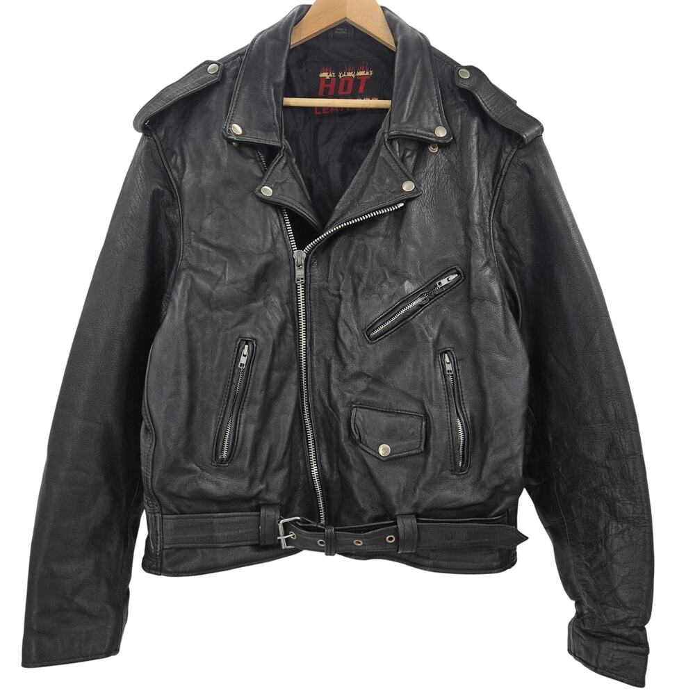 Hot Leathers Mens Vintage 90s Biker Rocker Punk Black Heavy Motorcycle Jacket 48